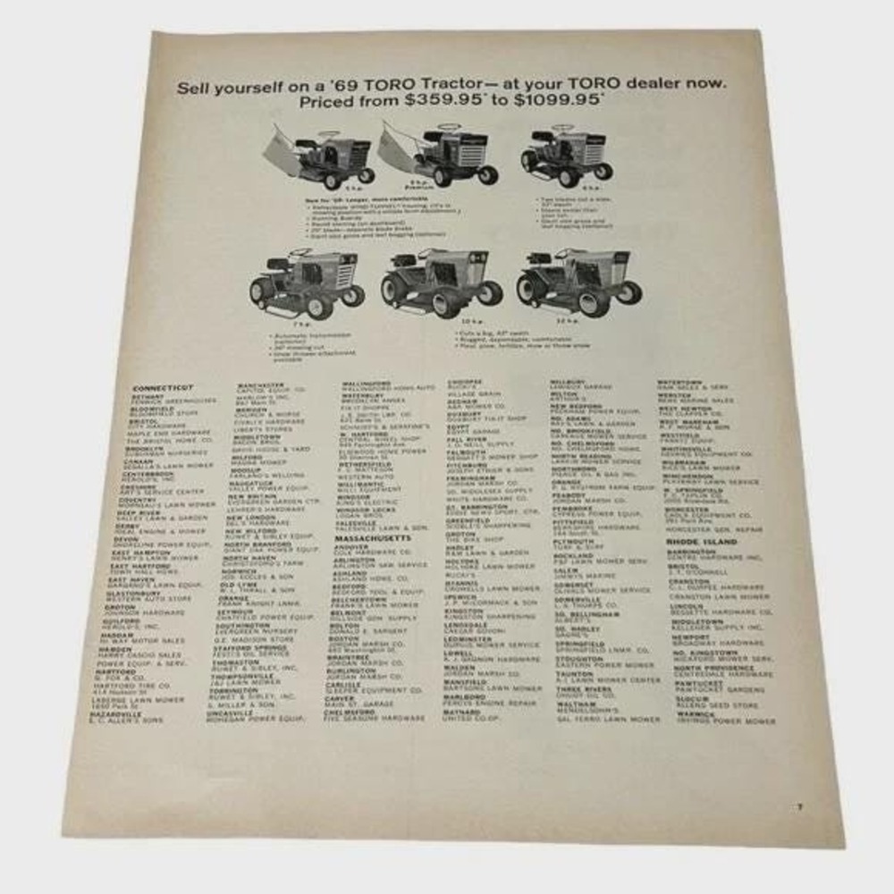 1969 Toro Tractor Dealership List CT MA RI Original Vintage Print Ad